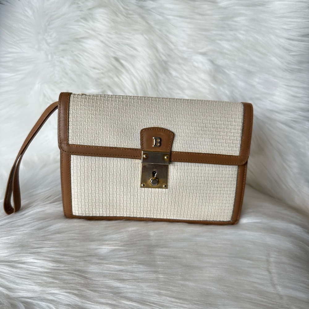 Bally Beige Canvas and Brown Leather Wristlet Clutch with Gold Hardware